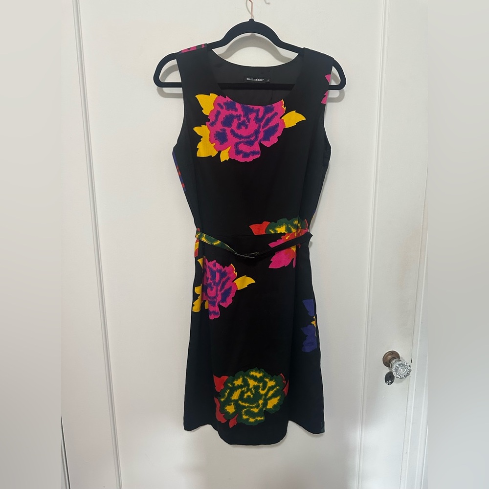 Marimekko black/floral 100% cotton midi sheath dress w/ belt - 36 / US 4/6